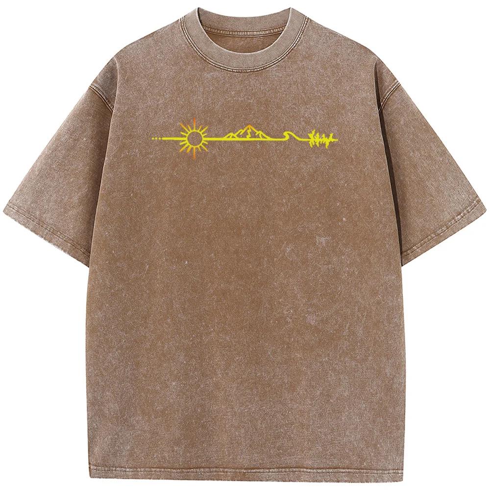 Gold Mountains Men's Short-Sleeved T-shirt 230g Fashion Casual Washed T-Shirt Vintage Summer Cotton Tshirt