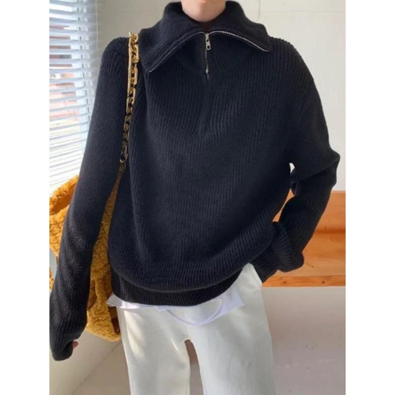 

Новый осенне-зимний свитер в корейском стиле, в непринужденном стиле, на молнии, с большим лацканом, однотонный, женский, свободный пуловер, вязаный свитер-пальто One size чёрный
