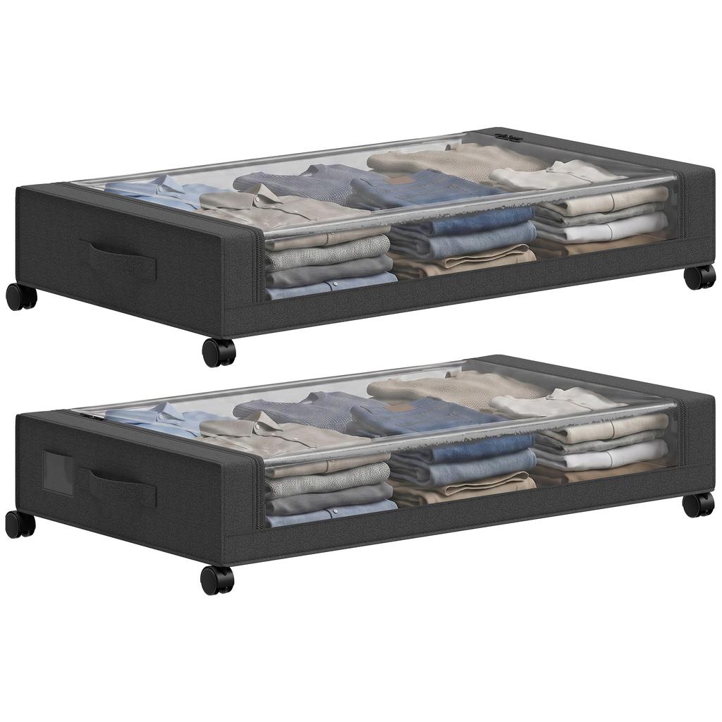 Under-Bed Storage Box on Wheels, Set of 2, 40 L, 78 x 44 x 16 cm, Black