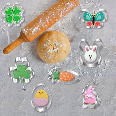 Juego de 7 cortadores de galletas de Pascua con forma de conejito, huevo, zanahoria, flor y trébol, de acero inoxidable de calidad alimentaria, kit de moldes para cortar galletas, herramientas de cocina para hornear