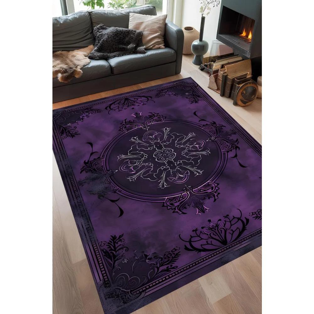Purple Gothic Rug, Dark Elegant Baroque Carpet, Ornate Medieval Mandala Pattern, Vintage Inspired Living Room Decor