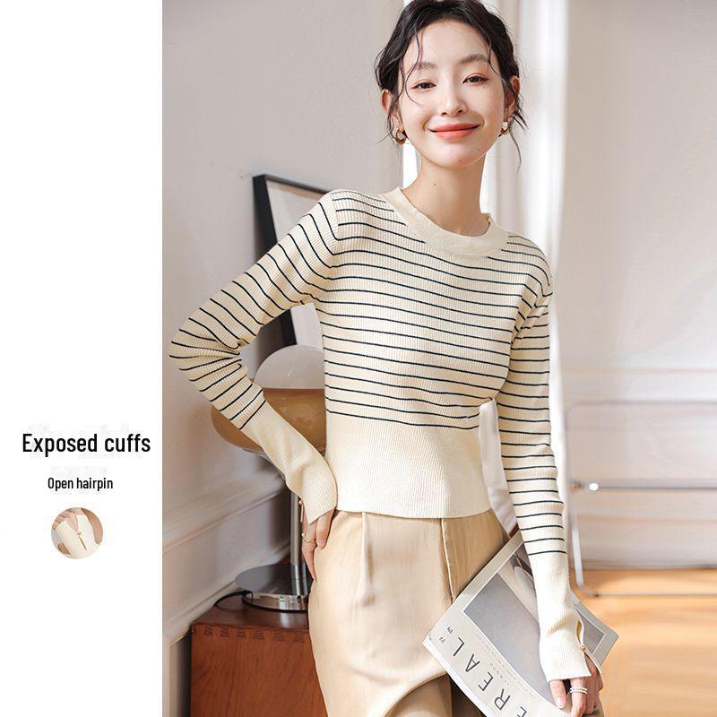 

Женский полосатый вязаный свитер с круглым вырезом, новый стиль - весенний топ Large (53-58 kg)