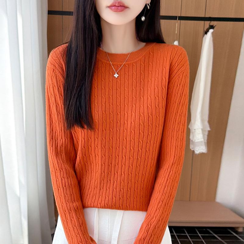 2026 Autumn Women's Round Neck Cable Knit Jacquard Pullover Sweater, Long Sleeve