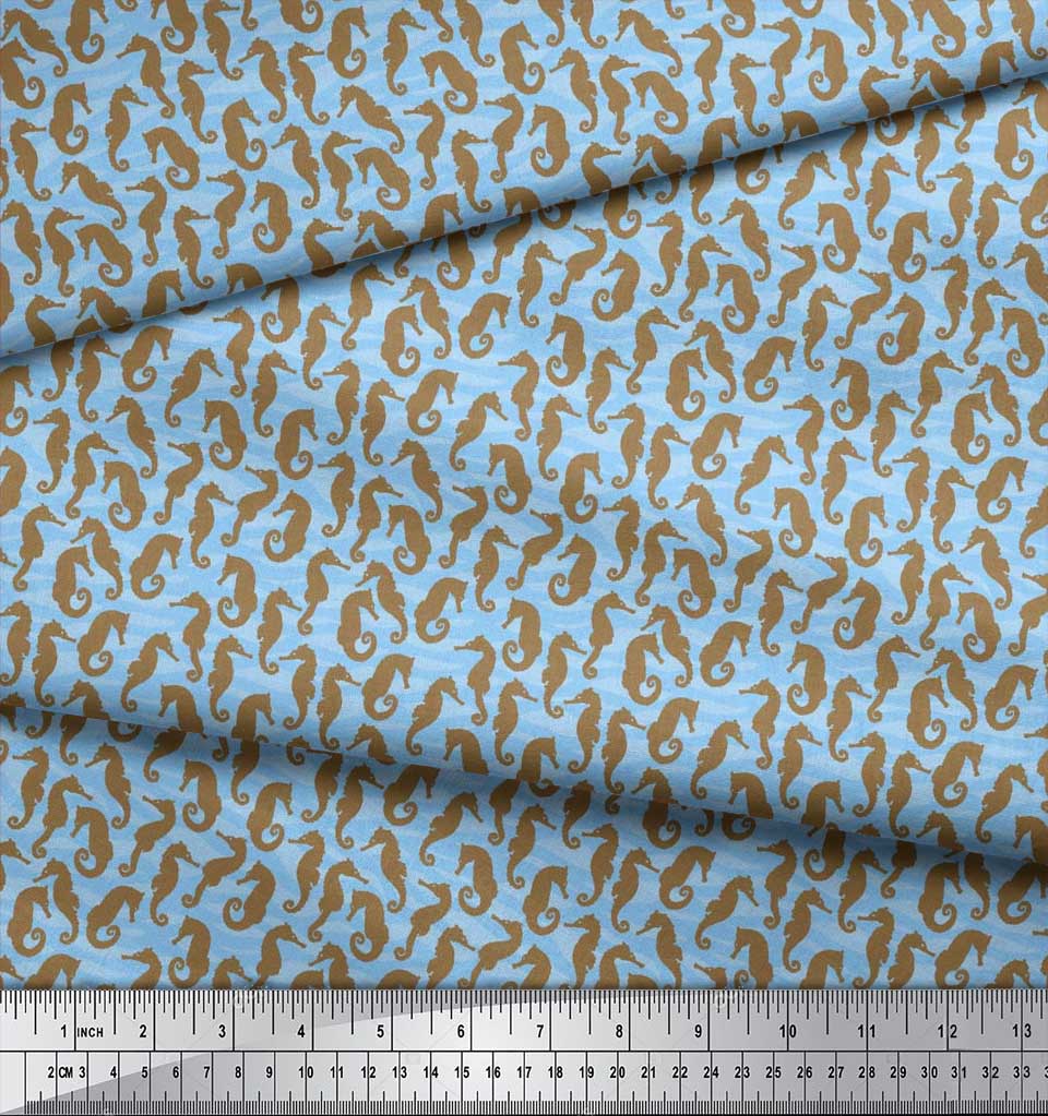 Soimoi Japan Crepe Satin Fabric Sea Horse Ocean Printed Craft Fabric by the metre 42 Inch