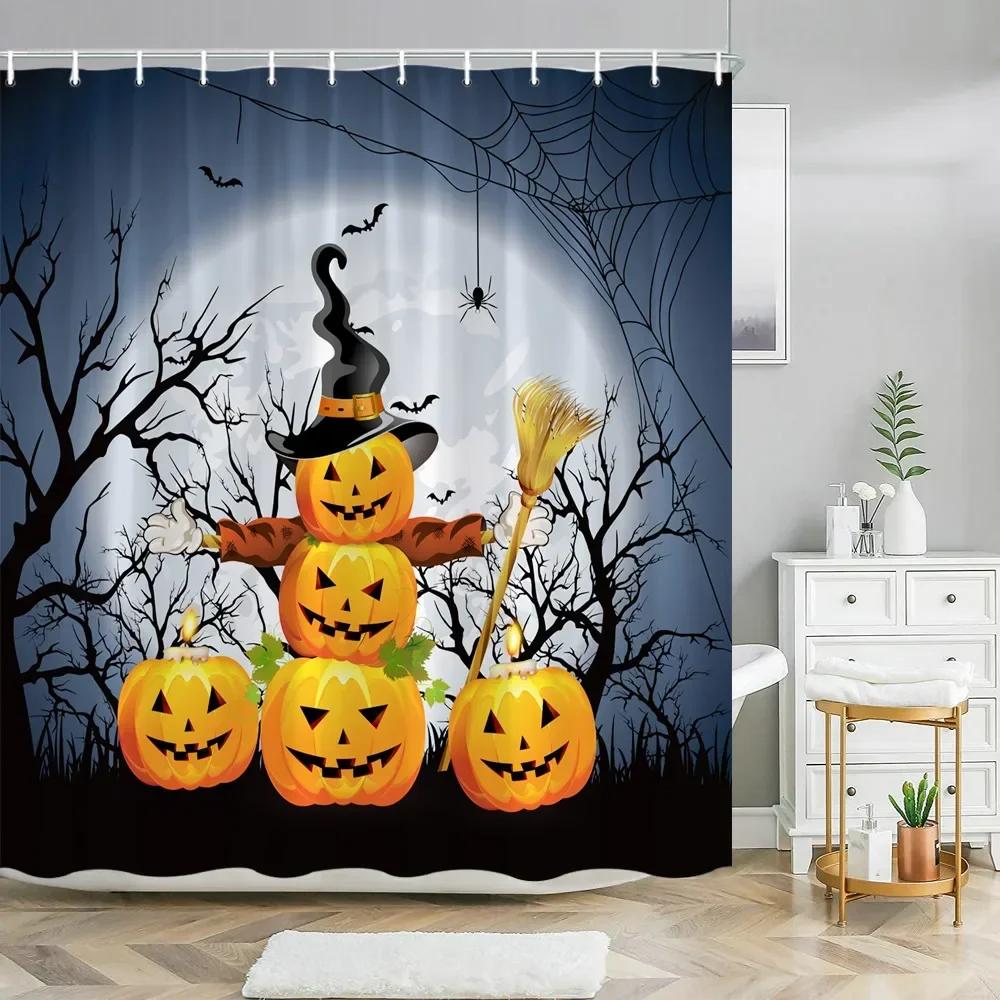 Halloween Pumpkin Bathroom Curtains Cartoon Cute Funny Magic Hat Ghost Broom Bathroom Curtains Party Decor Shower Curtain Fab