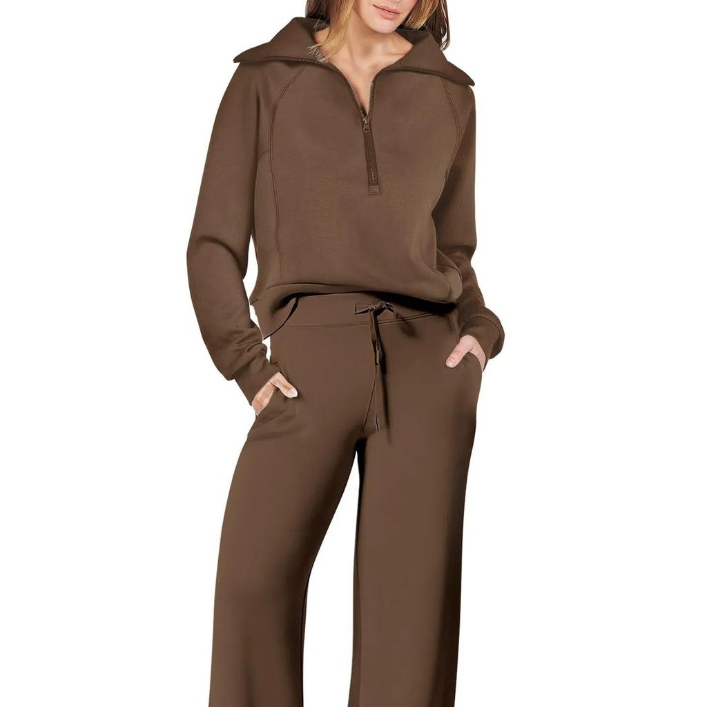 Women's 2 Piece Outfits Casual Lapel Half Zip Sweatshirts And Wide Leg Pants Tracksuit Sets