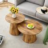 Coffee Table Set in Natural Wood Look (MDF) - 2 Round Stool Side Tables, High 50x48 cm + Low 60x35 cm, Suitable for Living Room / Lounge Area.