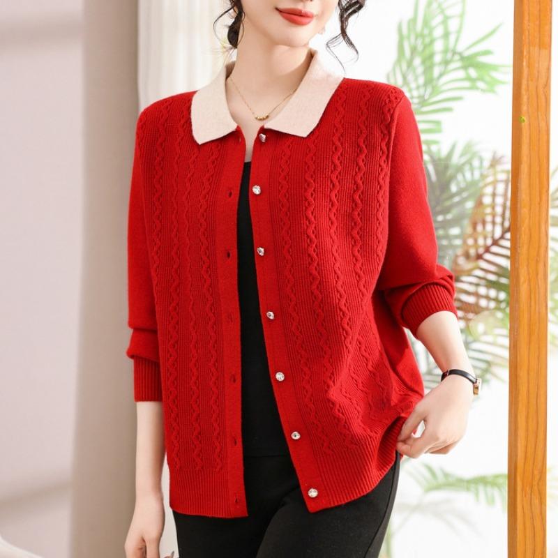 Mom lapel sweater sweater women's autumn and winter cardigan short large size women's knitted long-sleeved jacket