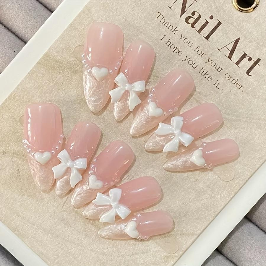 10pcs French Pearl Heart Bow Pink Handmade Fake Nails Medium Length Press On Nails For Women