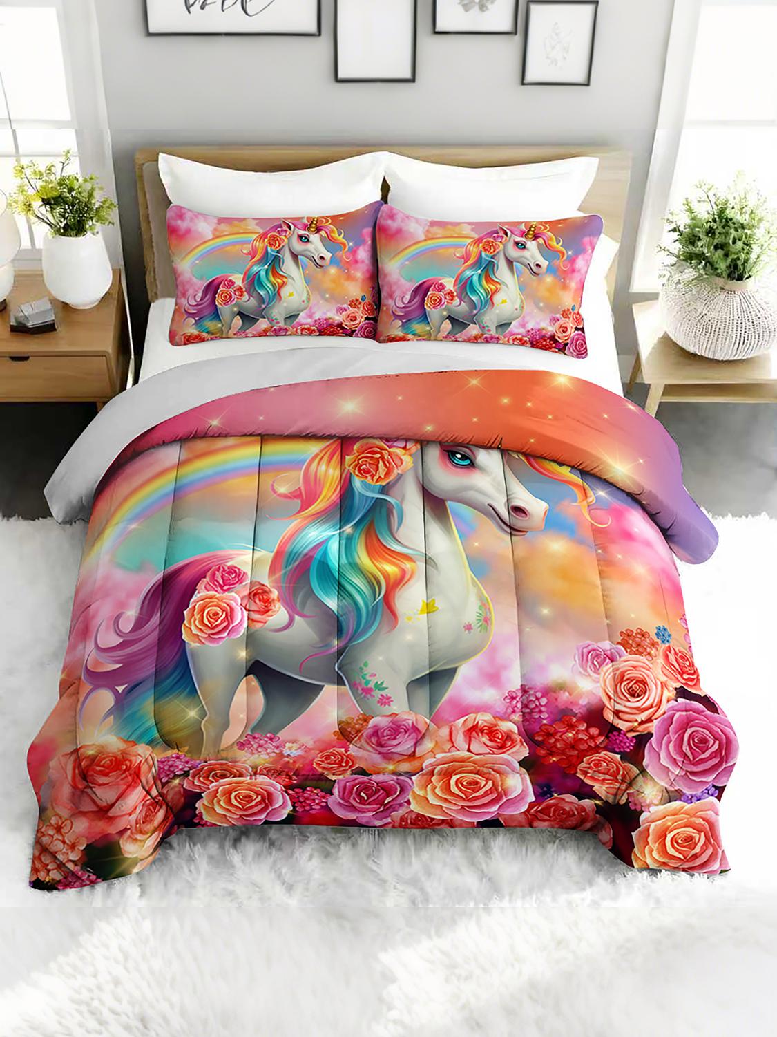 3PC Unicorn Rainbow Floral Rose Comforter Set with 2 Pillowcases - Dreamy Bedding Duvet Cover for a Magical Sleep Experience 240x220cm