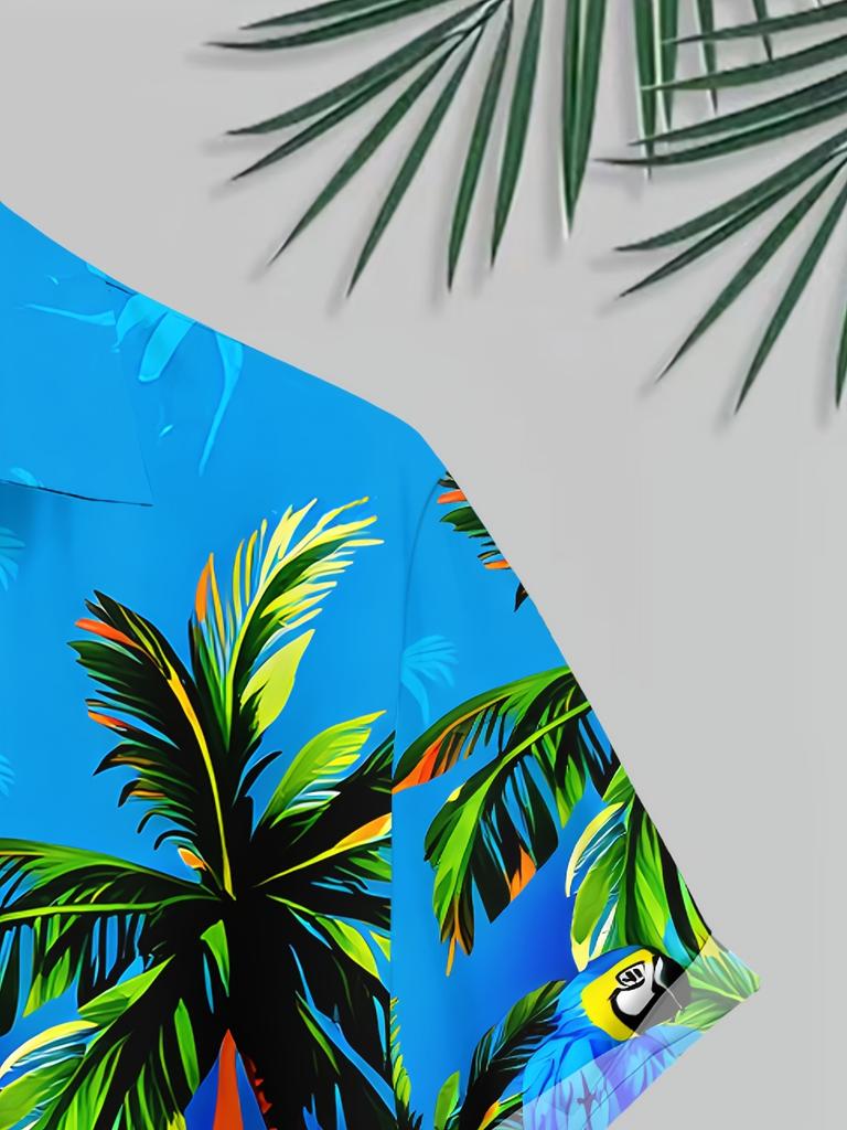 [Printed Design – Not Textured] Men's Casual Bright Blue Parrot and Coconut Tree Beach All-Over Print Shirt, a Perfect Gift