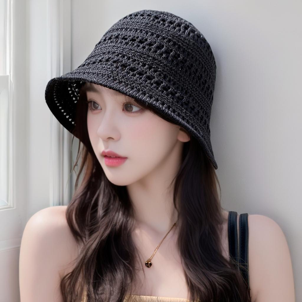 Small standard bucket hat female Korean version tide brand spring and summer knitted bucket hat Japanese streamer retro lace pot hat versatile
