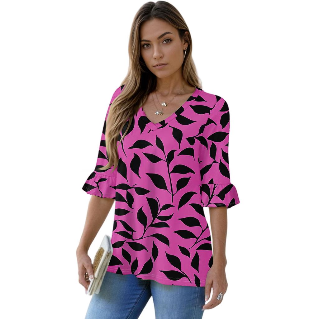 Women's Casual 3/4 Sleeve Tops V-Neck Sleeve T-Shirt Floral Print Tops