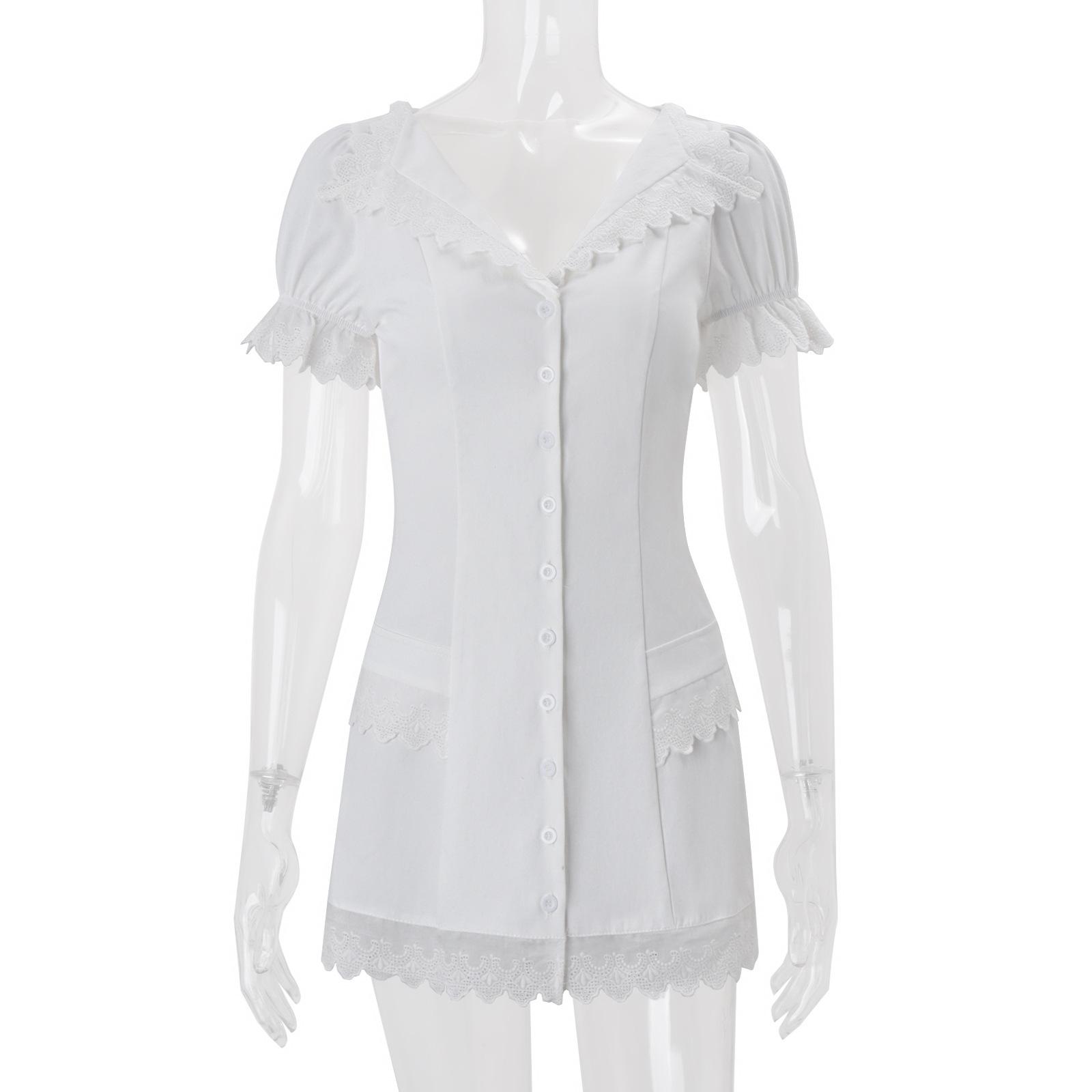 

ins European and American women s clothing spring new fashion high temperament thin V-neck breasted bubble sleeve dress women S белый