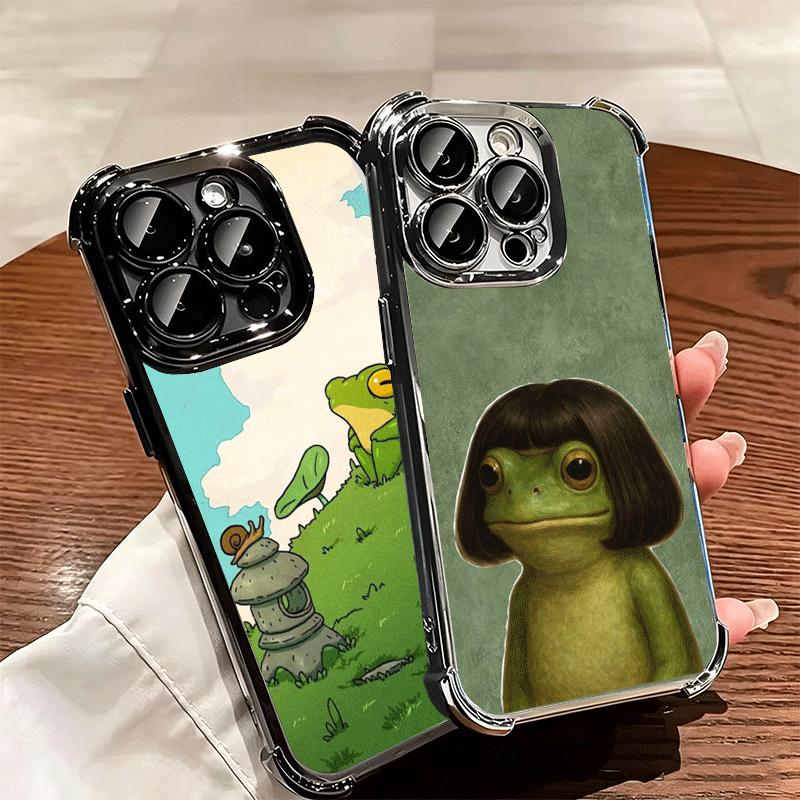 Cute Cartoon Frog Plating Phone Case For Iphone 16 17 Pro Max Air 16E 14 15 Plus 12 13 Mini Anti-Fall Airabag Cover