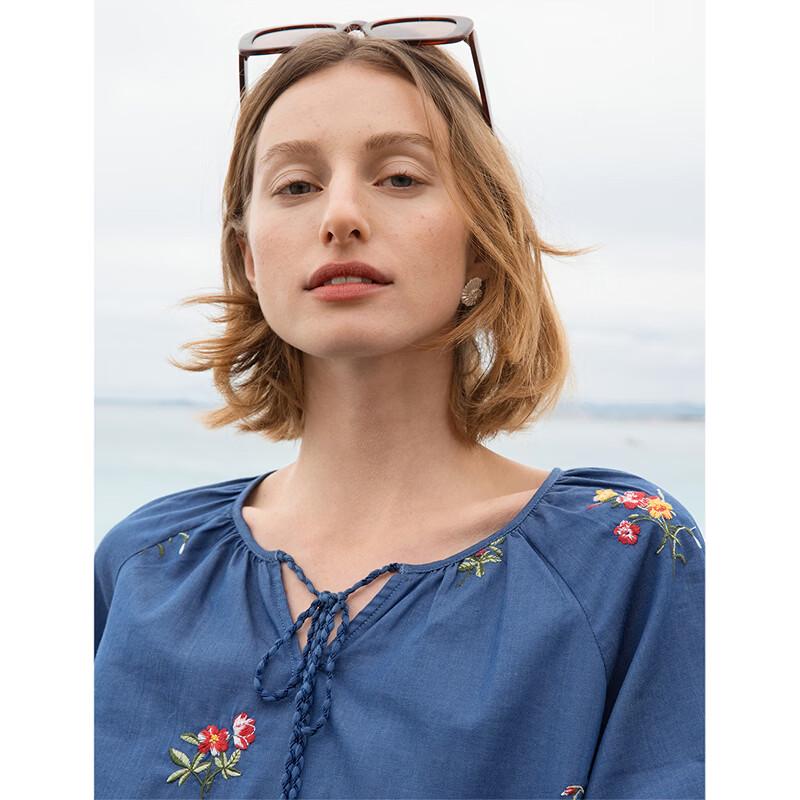 INMAN Women's Embroidered Floral Raglan Sleeve Tassel Tie Shirt