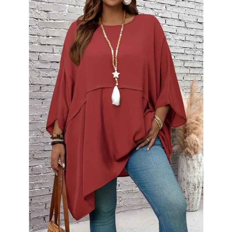 Plus Size Women Solid Color Round Neck Batwing Sleeve Loose Casual Chiffon Shirt
