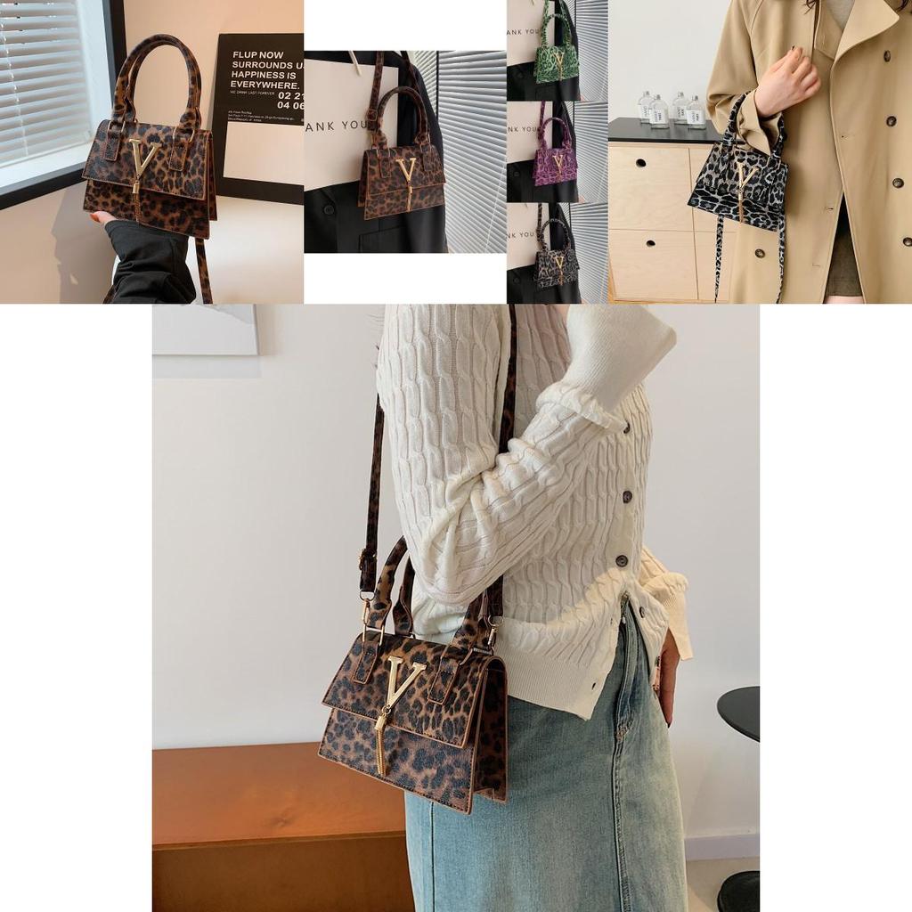 Trendy Retro Leopard Print Casual Shoulder Bag Stylish Small Square Purse In Black Green Purple Brown