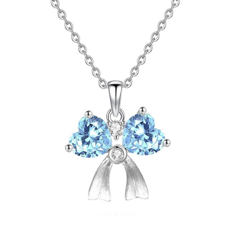 S925 Silver Bowknot Pendant Necklace with Natural Crystal, Love Heart Design