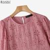 ZANZEA Womens Summer Casual 3/4 Sleeve Hollow Patchwork Embroidery Crochet Blouse