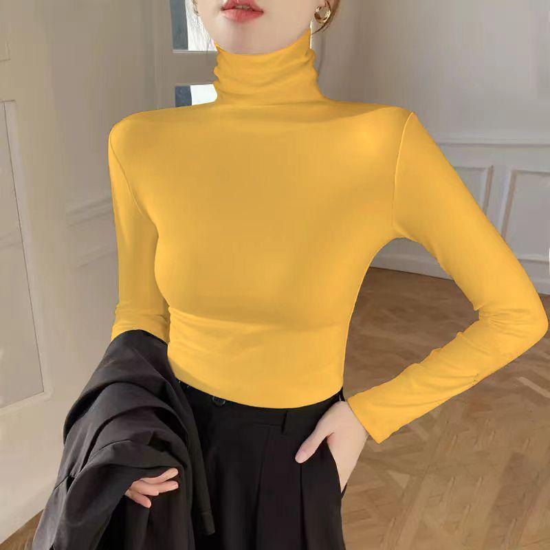 All-match Solid Color Pullover Long Sleeve Women's Clothing Spring Autumn Turtleneck T-shirt Casual Vintage Office Lady Tops