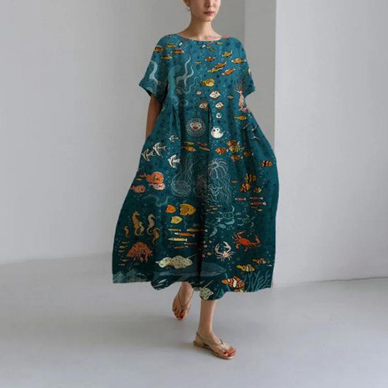 Damen Sommer Übergröße Gestreiftes Print Maxikleid, Lässiges Lockeres Rundhals Kurzarm Oversized A-Linien-Kleid