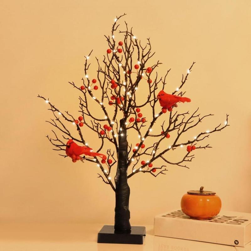 Wire Bulb Decorations Battery Operated Led Vintage Glowing Tree With Cardinals Festive Holiday Party For Halloween For Holidays