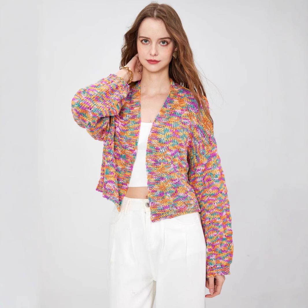 

Вязаный кардиган с V-образным вырезом и длинными рукавами в европейском цветочном стиле для женщин Large