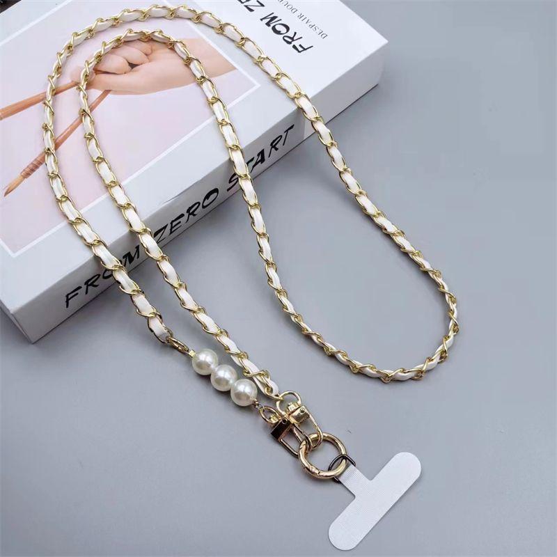 

Phone Lanyard Women s Long Leather Woven Metal Chain With Pearl Phone Case Universal Phone Lanyard Diagonal Cross Bag Decoration зелёный