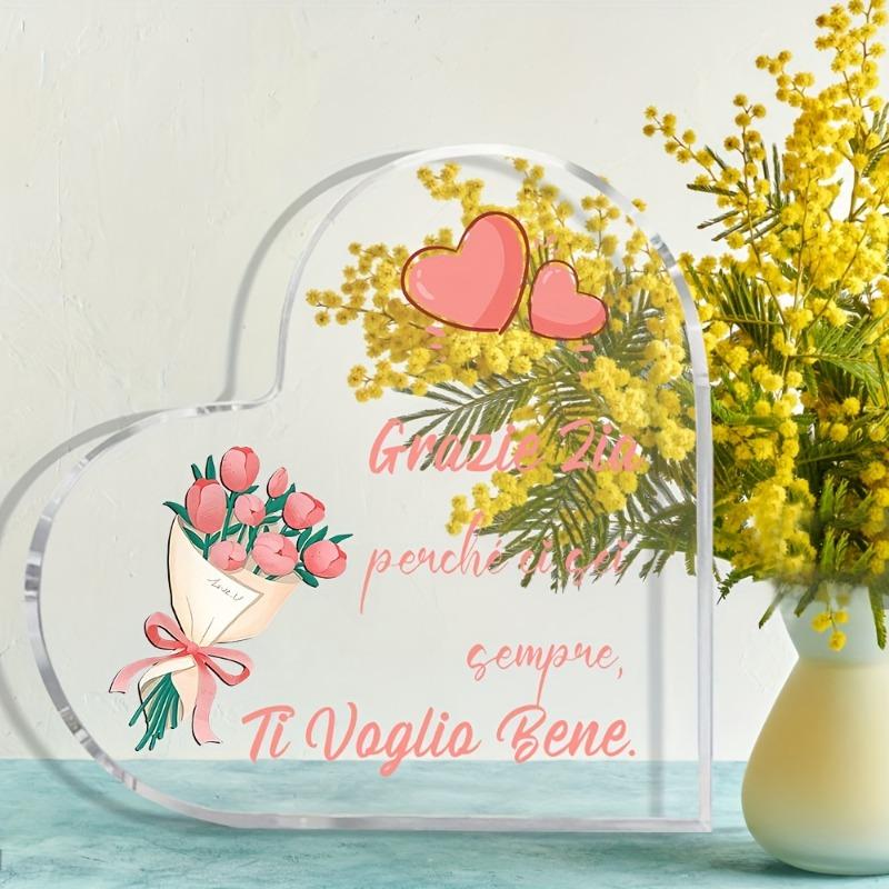 2D Flat, "Grazie Zia" Heart-Shaped Acrylic Thank You Gift Tabletop Decor Plaque, Floral Design, Home Decor Plaque Hanging Wall Art Decorative Garden D