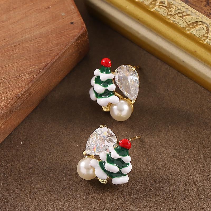 14K Gold-Plated Christmas Tree Drop Earrings with Silver Studs for Women