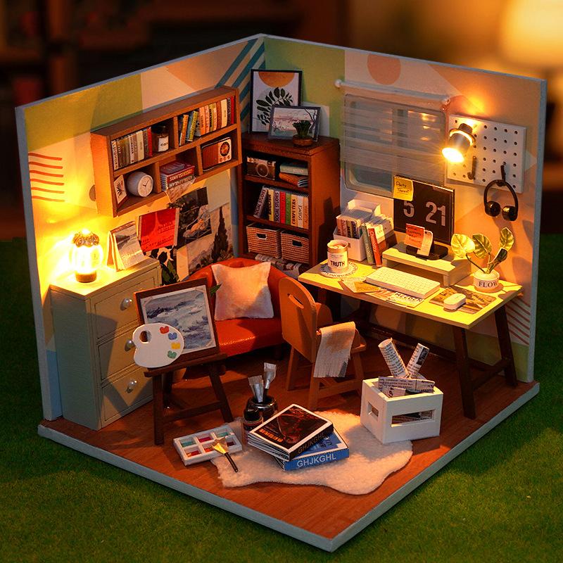 DIY Wooden Miniature Model Kit Convenience Stores Casa 3D Puzzle Doll Houses With Furniture Lights for Friends Birthday Gifts