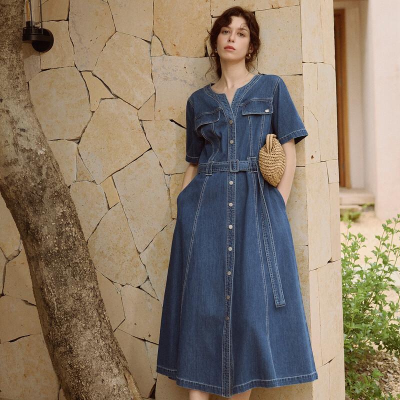 ELLE Women s Retro Denim Belted V-Neck A-Line Midi Dress M
