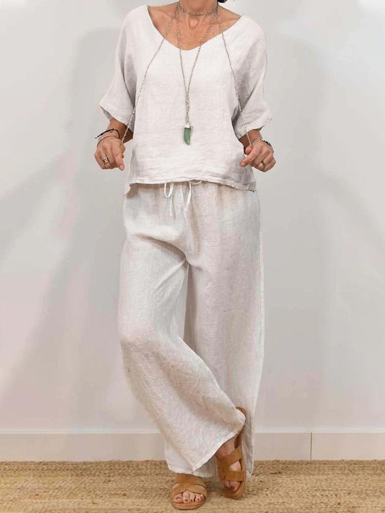 

Женский топ свободного кроя с V-образным вырезом и рукавами средней длины, с широкими брюками на кулиске, повседневный комплект для отдыха светло-серого цвета S