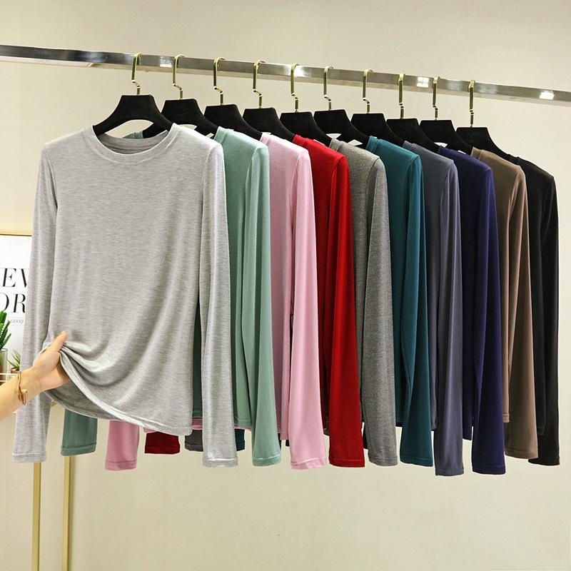 Modal Solid Basic T-skjorte O-hals Langermet Dame Høstbunn T-skjorter Alle match T-skjorte Plus size underskjorte