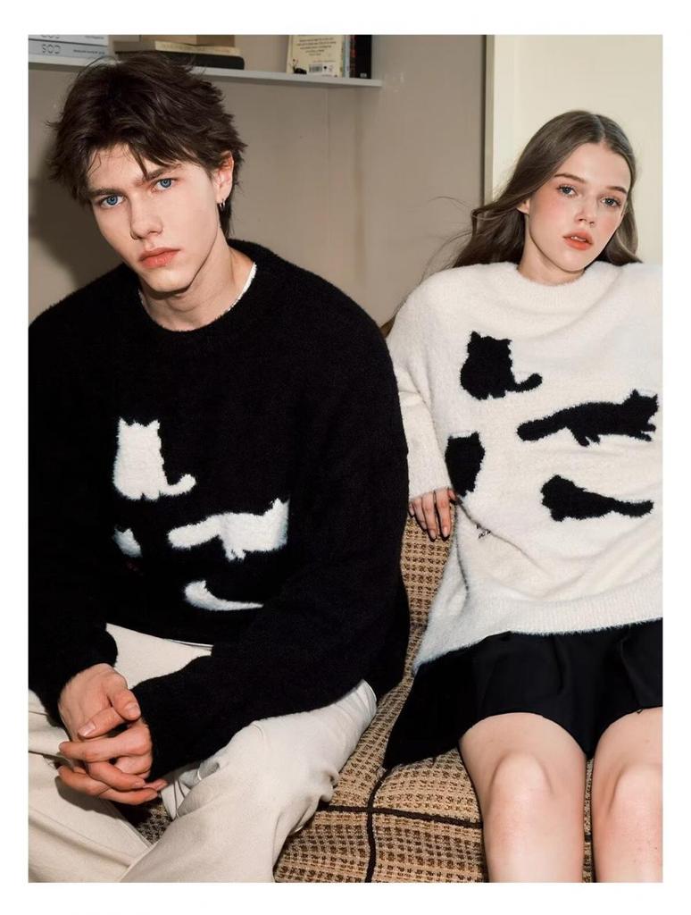 Amerikanischer Retro Cartoon Katze Jacquard Strickpullover für Damen & Herren - Herbst/Winter Trendige Lockere Jacke