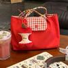 New Korean Large-capacity Red Shoulder Portable Plaid Canvas Bag Versatile Student Commuter Leisure Tote Bag Women