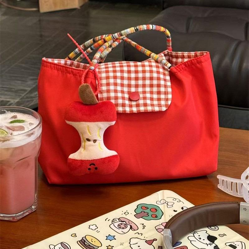 New Korean Large-capacity Red Shoulder Portable Plaid Canvas Bag Versatile Student Commuter Leisure Tote Bag Women