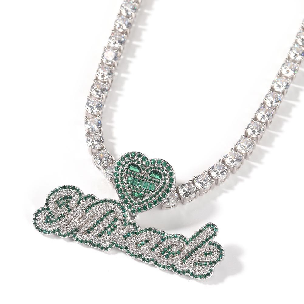 THE BLING KING Custom Bubble Letter With Baguettecz Heart Bail Iced Out Green Pink Cubic Zirconia Pendant Chain Hiphop Jewelry
