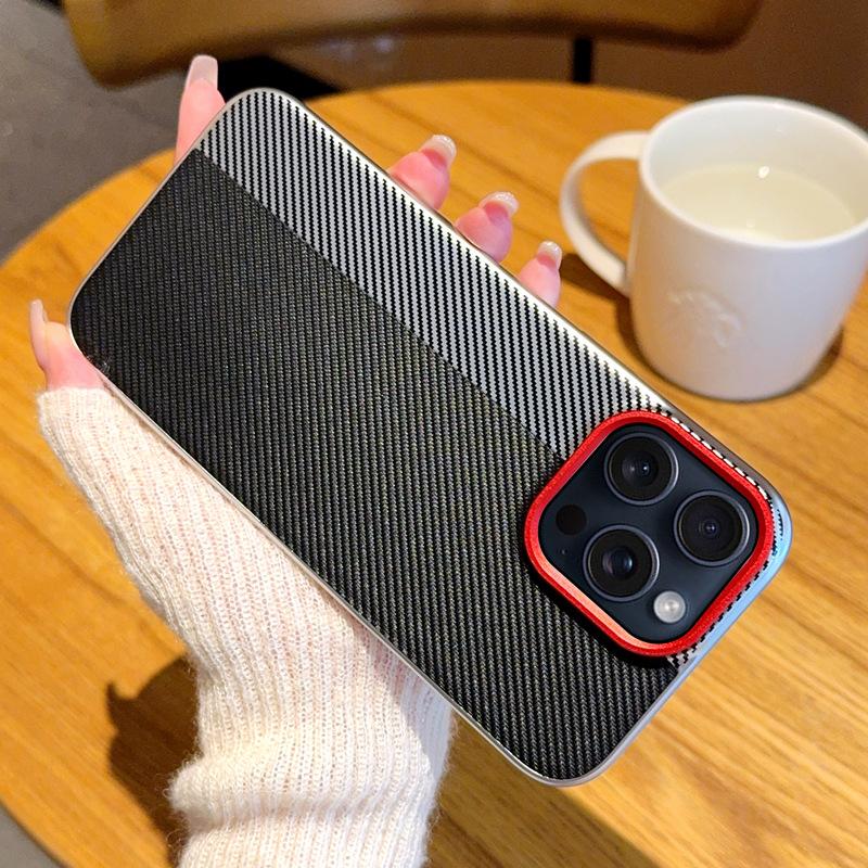 For iPhone 16 Pro Max Case Camera-Style Carbon Fiber Texture Leather+PC Phone Cover