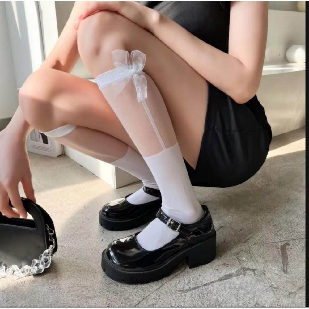 Transparent Calf Socks Bowknot Mid Tube Socks Sweet JK Knee Sock  Girls Slim Stockings
