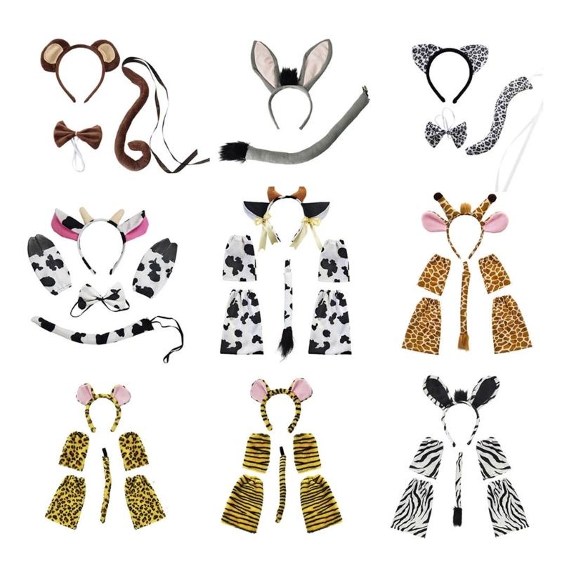 Deer/Elephant/Cheetah/Bear/Dog/Leopard Costume Set Ear Headbands Tail Bows Halloween Christmas Animal Cosplays Costume