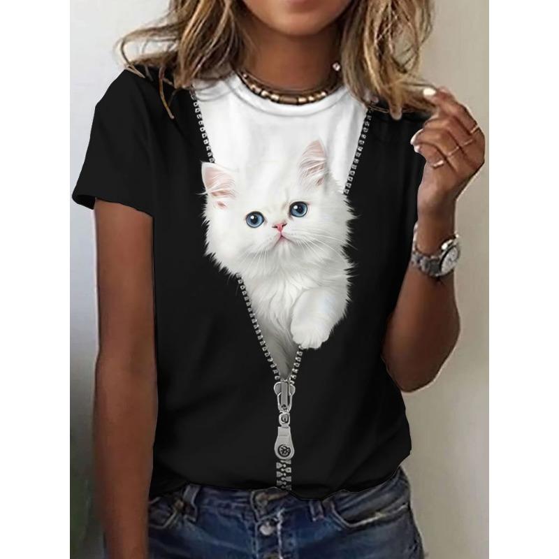 Women's round-neck T-shirt with a cat pattern print