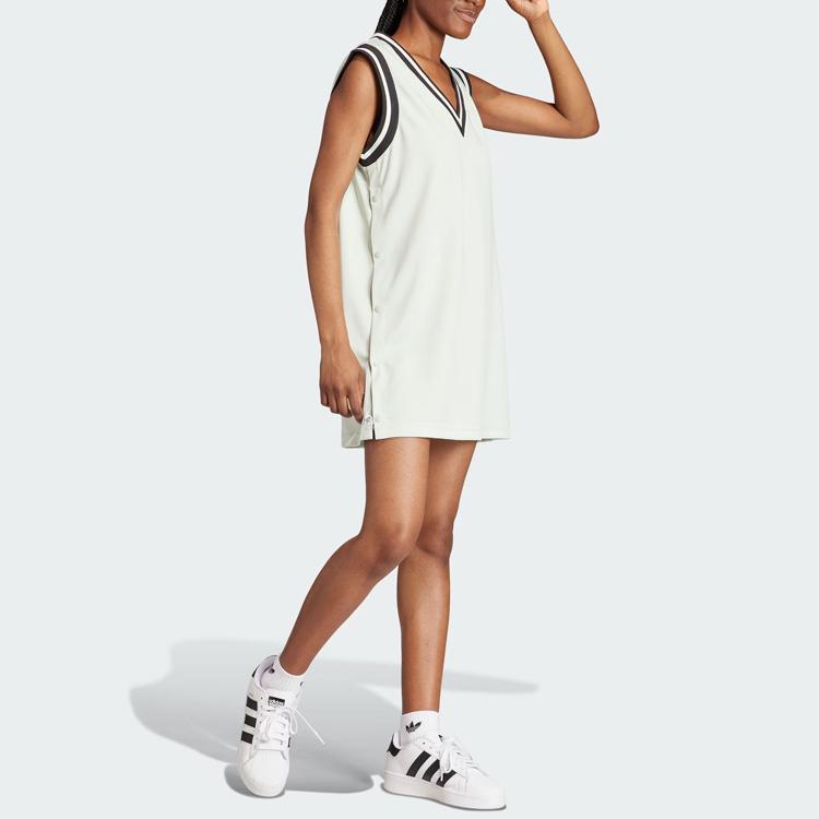 Adidas Originals Neutral Court Adibreak Dress Striped Color Block Sport V-Neck Sleeveless Dress Women Dresses Linen-Green IS5263