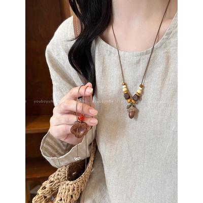 Collana con ciondolo a forma di fiore di ghianda cinese retrò con perline: Collana Maglione Stile Etnico per Donna