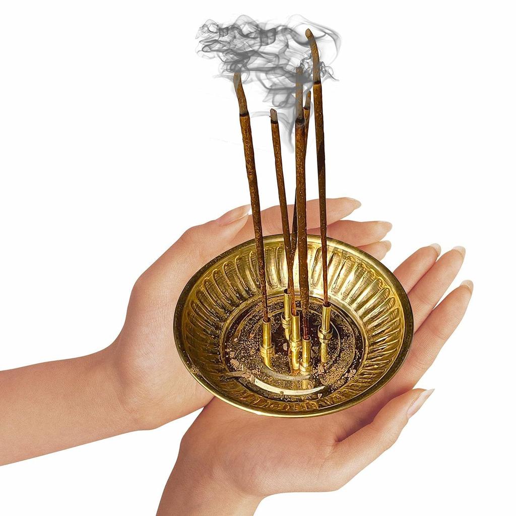 Brass Incense Sticks Holder, Agarbatti Stand with Ash Catcher, 4 Inch, Gold(Round)