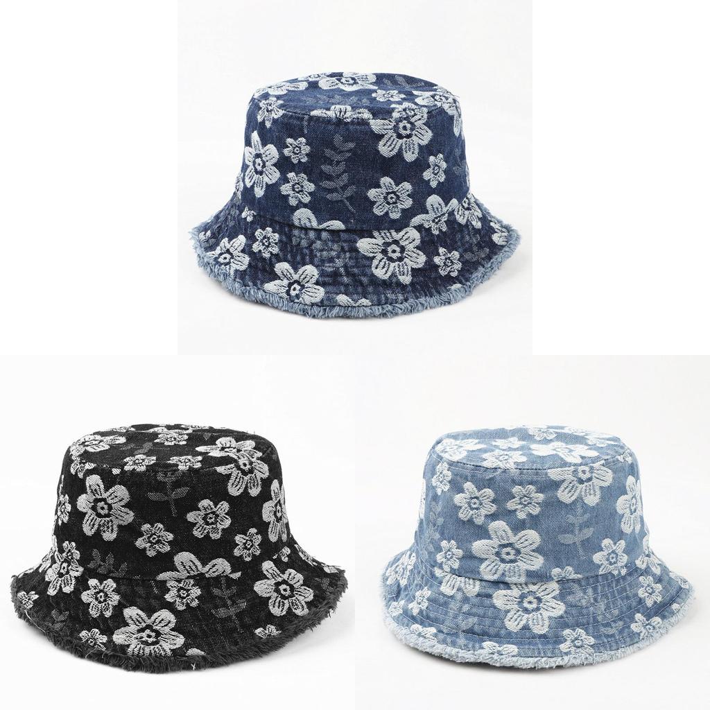 Small Fresh Flower Embroidery Denim Fisherman Hat For Sun Protection And Breathability