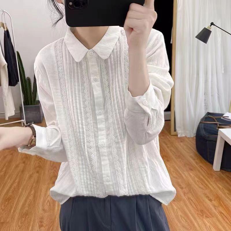 Women Loose Retro Lace Splicing Long Sleeve Spring Autumn Casual Shirt Blouse M белый