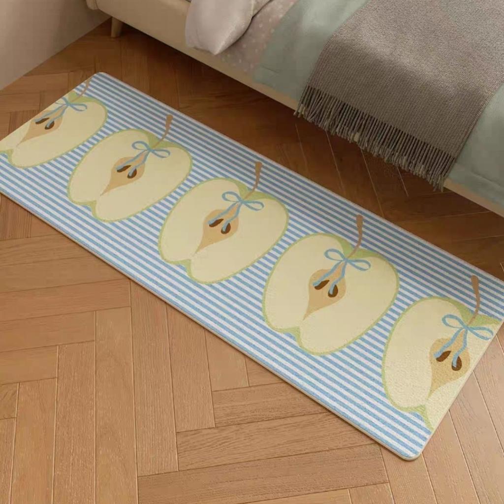 Cartoon Apple Slice Pattern Carpet Mat Striped Rug with Bowknot Decoration for Bedroom Bedside Home Decoration Bedroom Decor