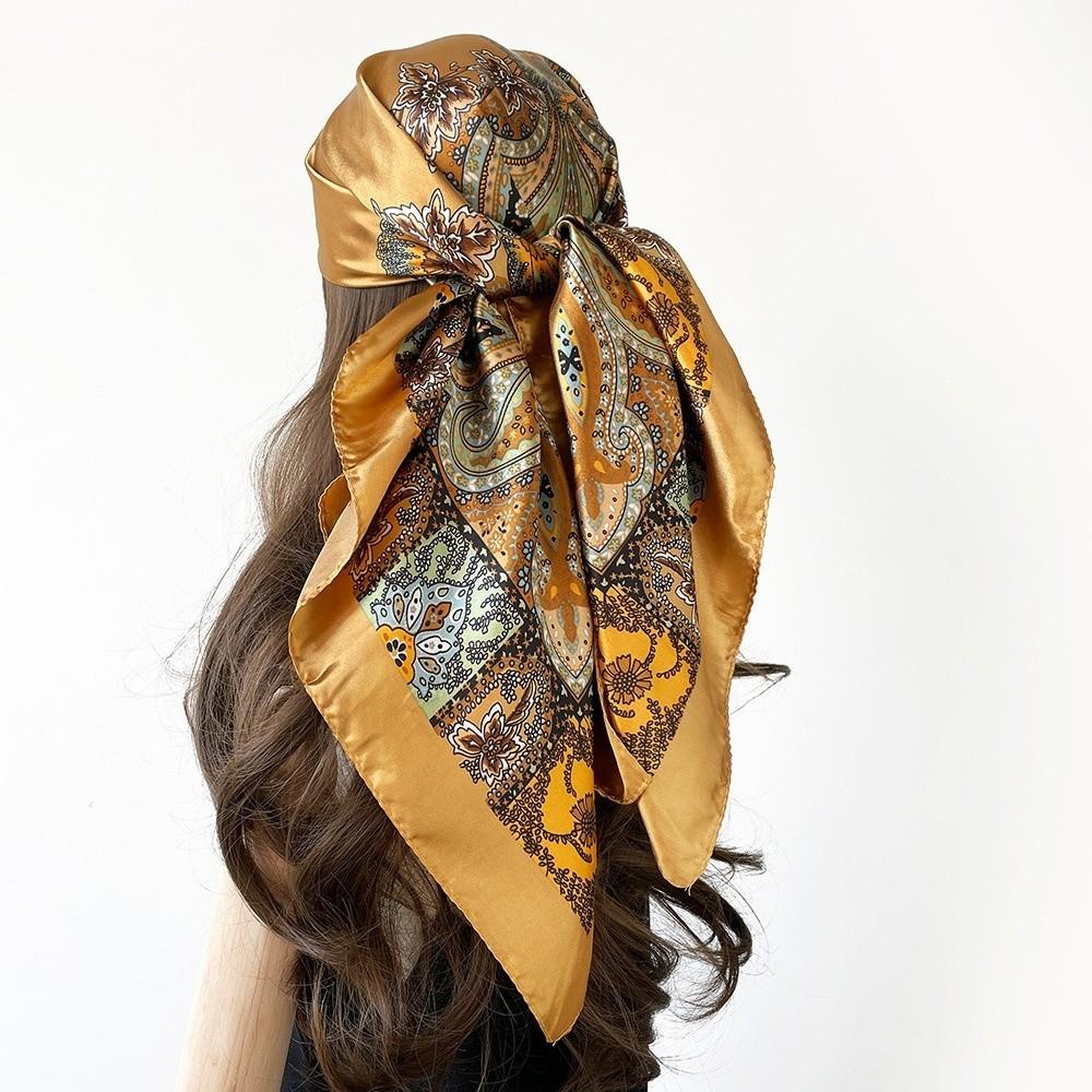 Bohemian Women Muslim Hijab Bandana 90*90cm Print Silk Headkerchief Satin Square Scarf Office